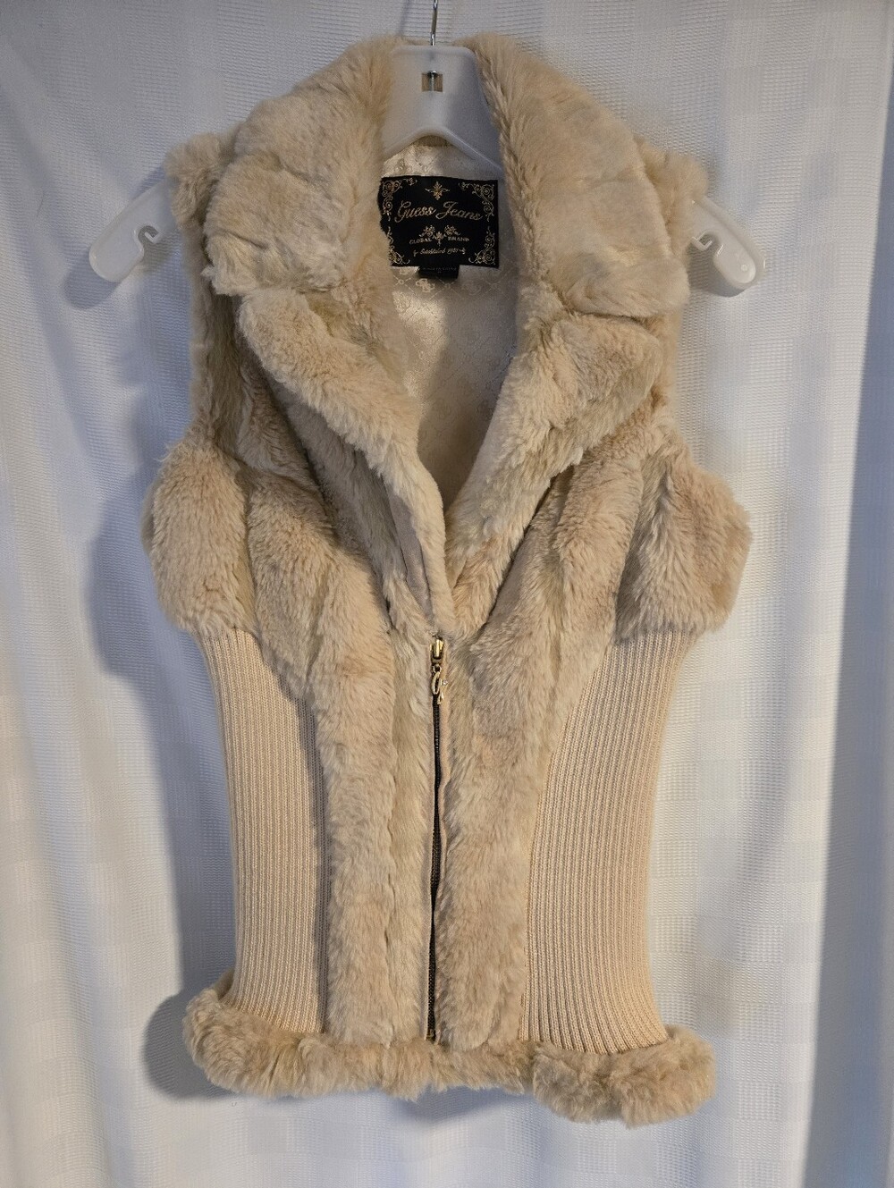 Guess Cream Faux Fur Ribbed Zip Vest